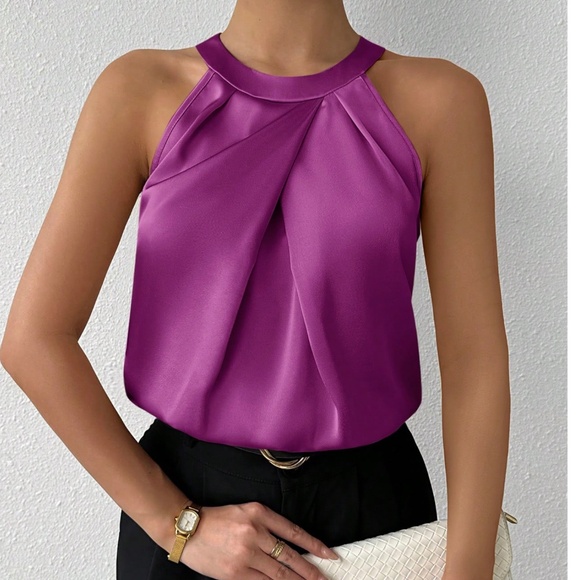 Classic Lavender Purple Satin Pleated Solid Tank Top - Picture 2 of 12